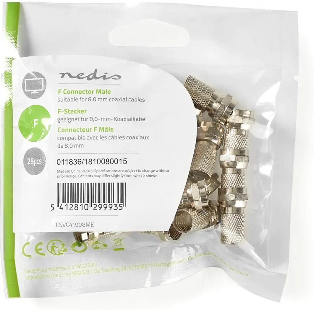 Nedis F-Connector Recht Male 75 Ohm - 25 Stuks