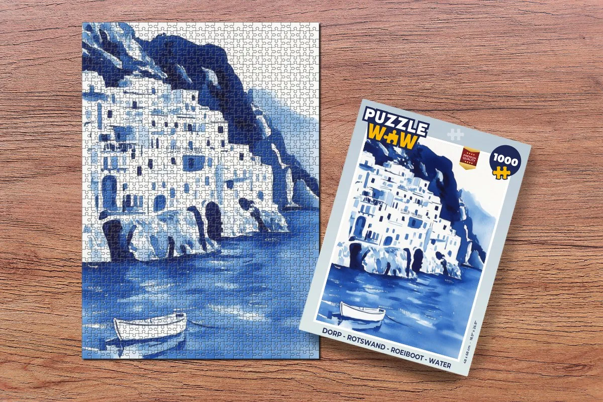 PuzzleWow Rotswand Roeiboot Legpuzzel 1000 Stuks - Dorp & Water