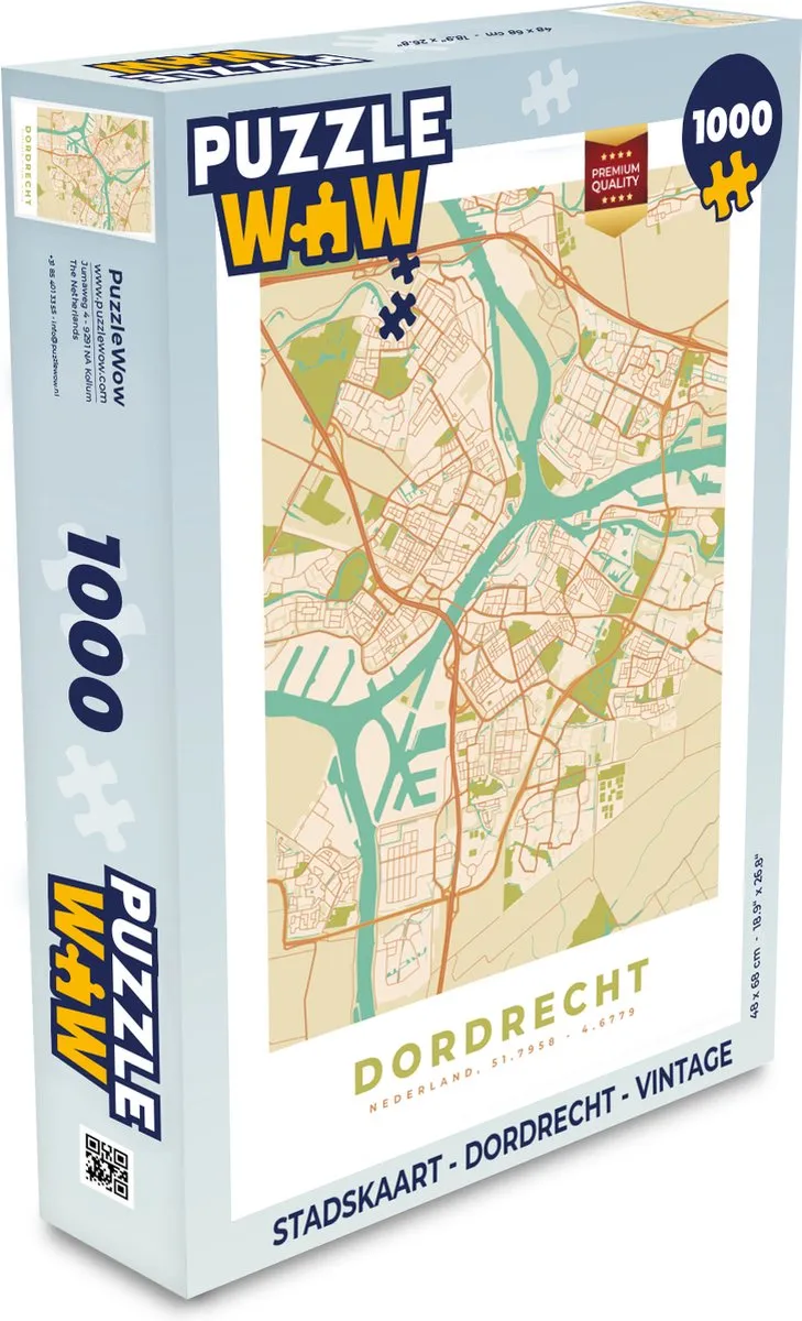PuzzleWow Stadskaart Dordrecht Vintage Legpuzzel 1000 Stuks - Multicolor