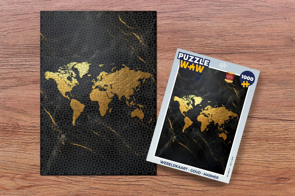 PuzzleWow Wereldkaart Legpuzzel 1000 Stuks - Marmer/Goud