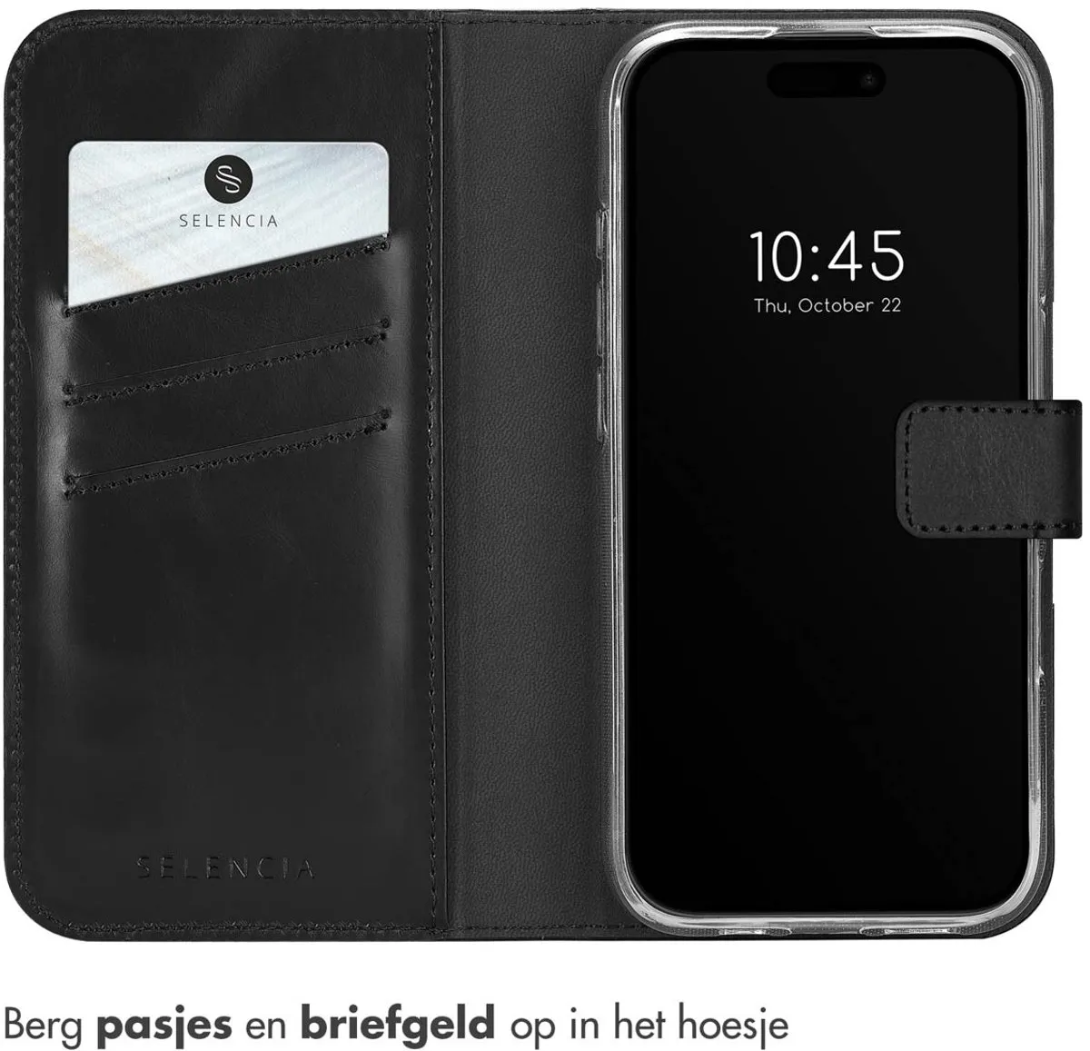 Selencia Hoesje iPhone 16 Pro - Echt Lederen Bookcase 3 Stuks - Zwart