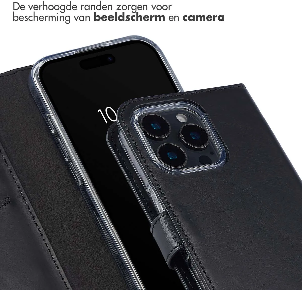 Selencia Hoesje iPhone 16 Pro - Echt Lederen Bookcase 3 Stuks - Zwart