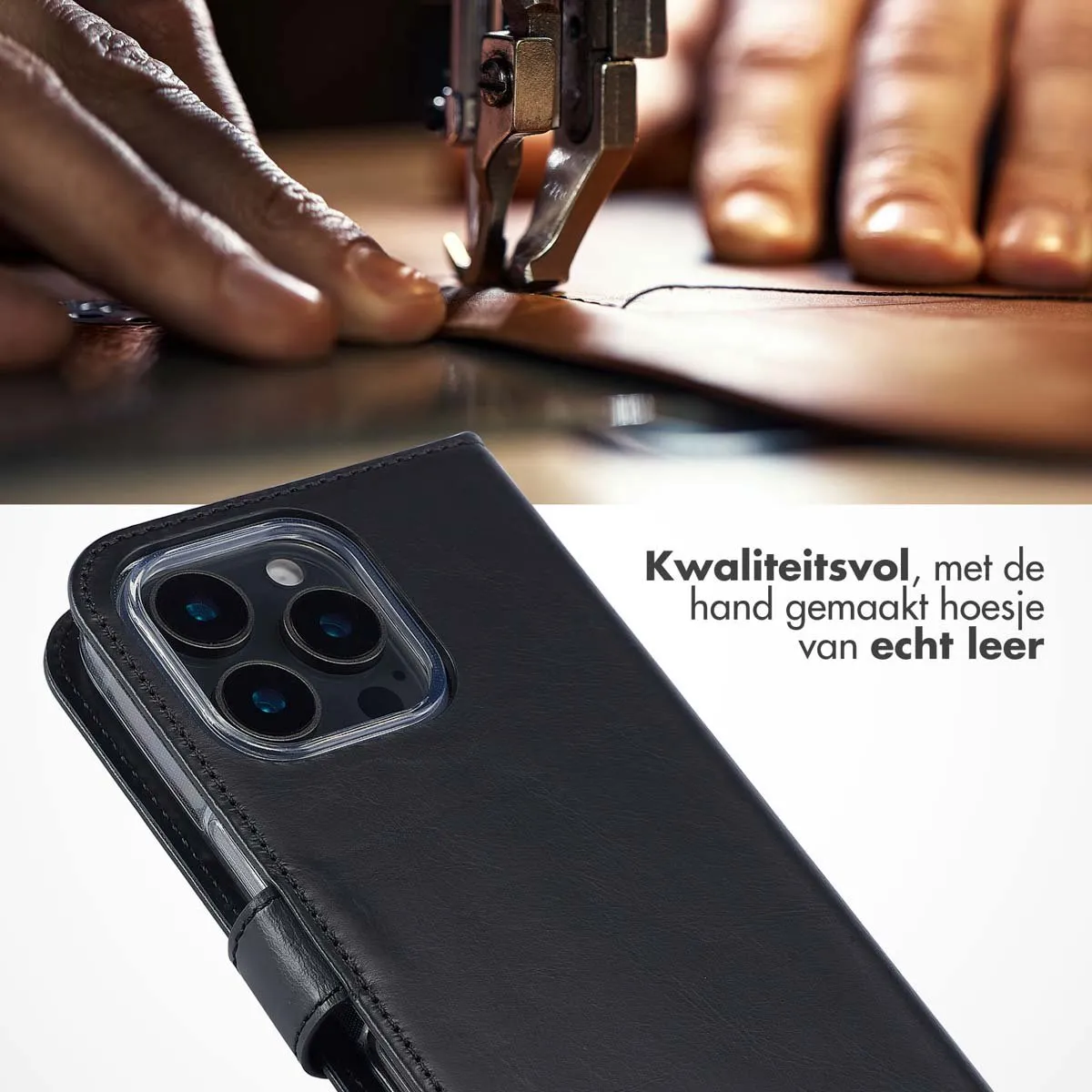 Selencia Hoesje iPhone 16 Pro - Echt Lederen Bookcase 3 Stuks - Zwart