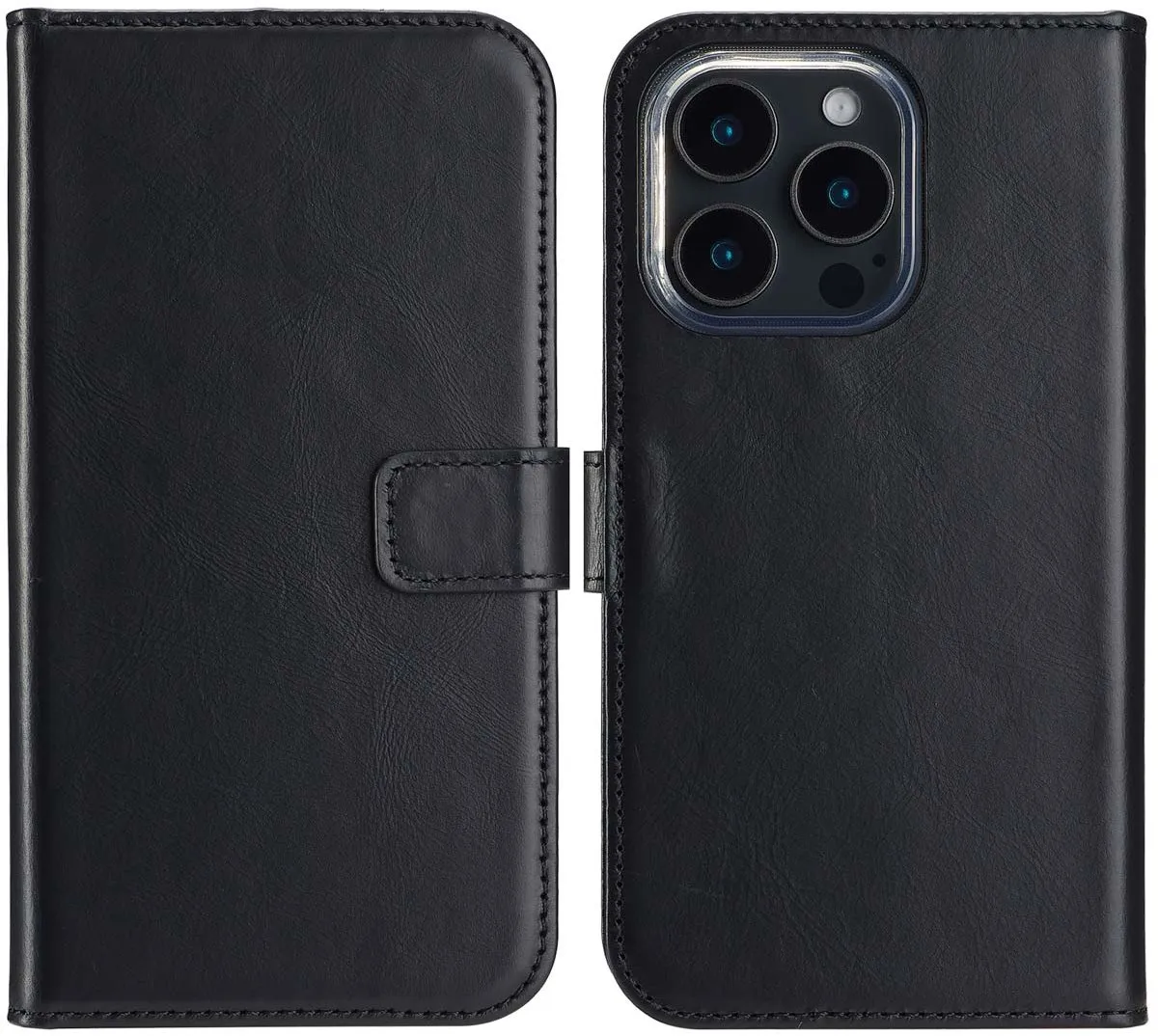 Selencia Hoesje iPhone 16 Pro - Echt Lederen Bookcase 3 Stuks - Zwart