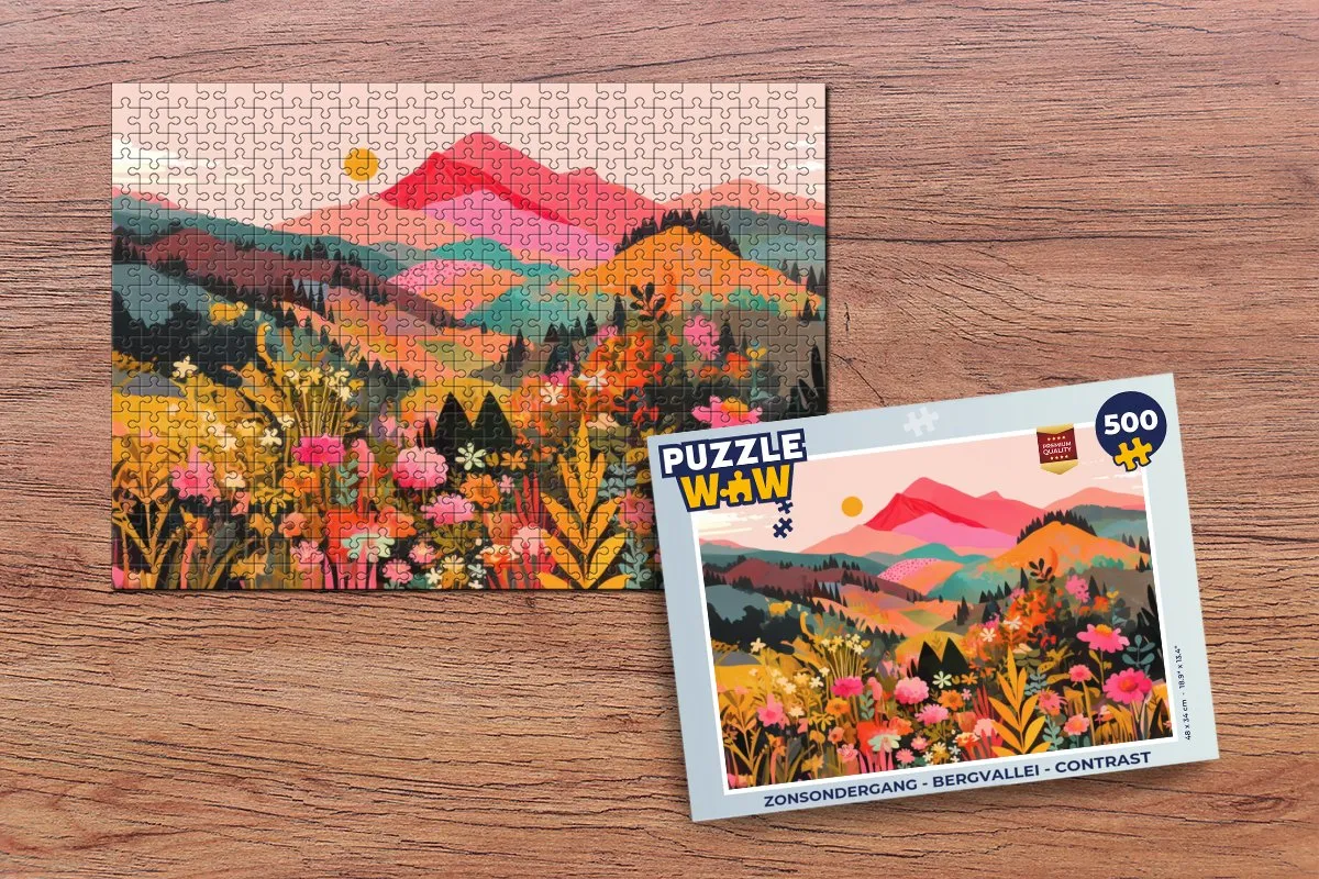 PuzzleWow Zonsondergang Bergvallei Legpuzzel 500 Stuks - Bergen/Bloemen/Zonsondergang