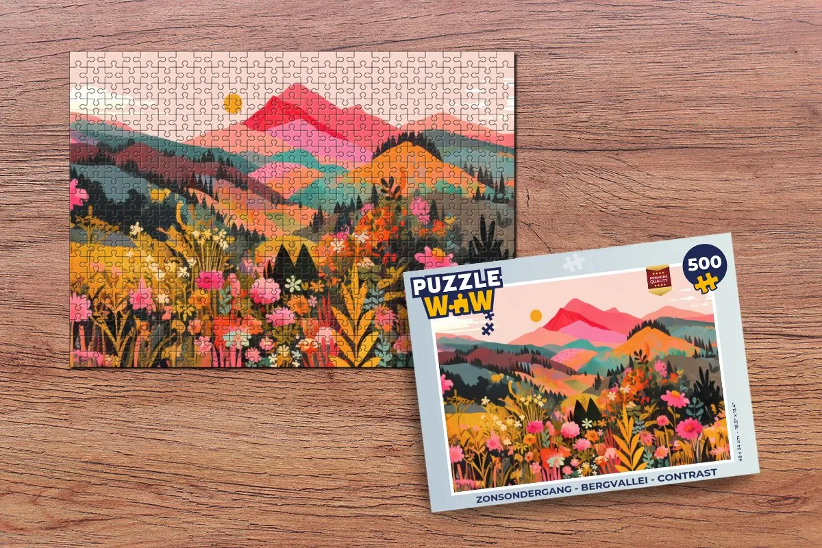 PuzzleWow Zonsondergang Bergvallei Legpuzzel 500 Stuks - Bergen/Bloemen/Zonsondergang