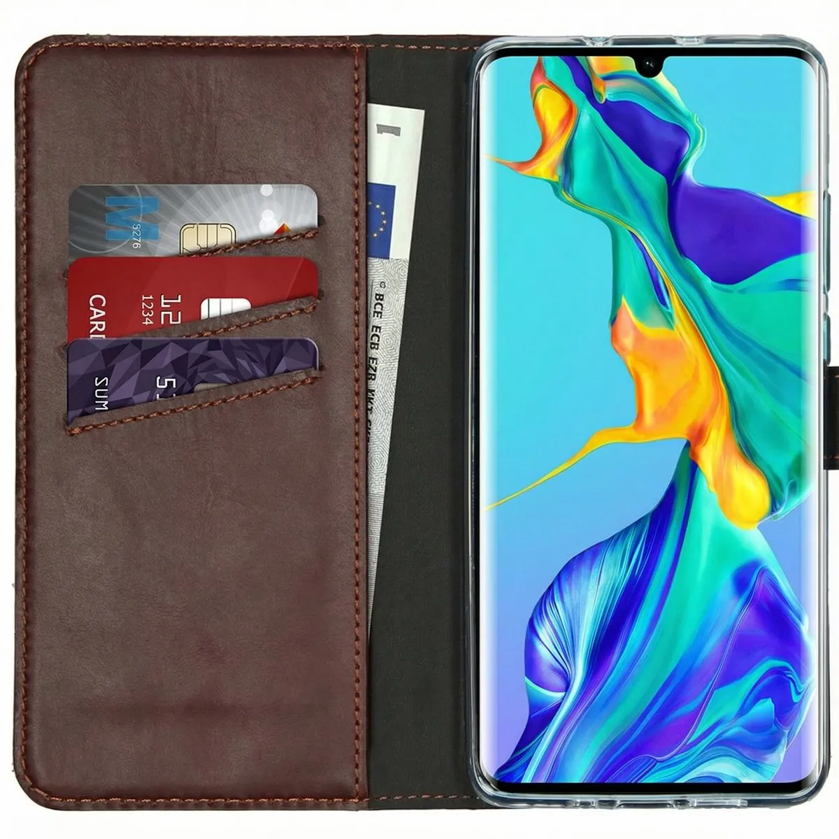 Selencia Hoesje Huawei P30 Pro - Echt Lederen Bookcase 3 Stuks - Bruin