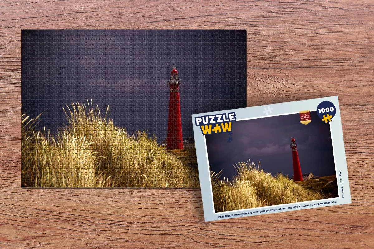 PuzzleWow Schiermonnikoog Puzzel - Rode vuurtoren met paarse hemel - 1000 Stuks
