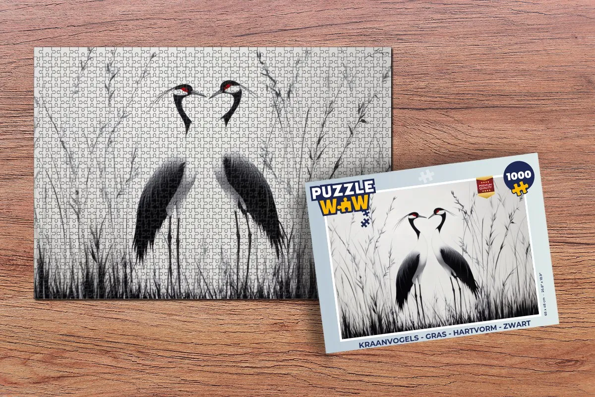 PuzzleWow Kraanvogels Gras Legpuzzel 1000 Stuks - Zwart