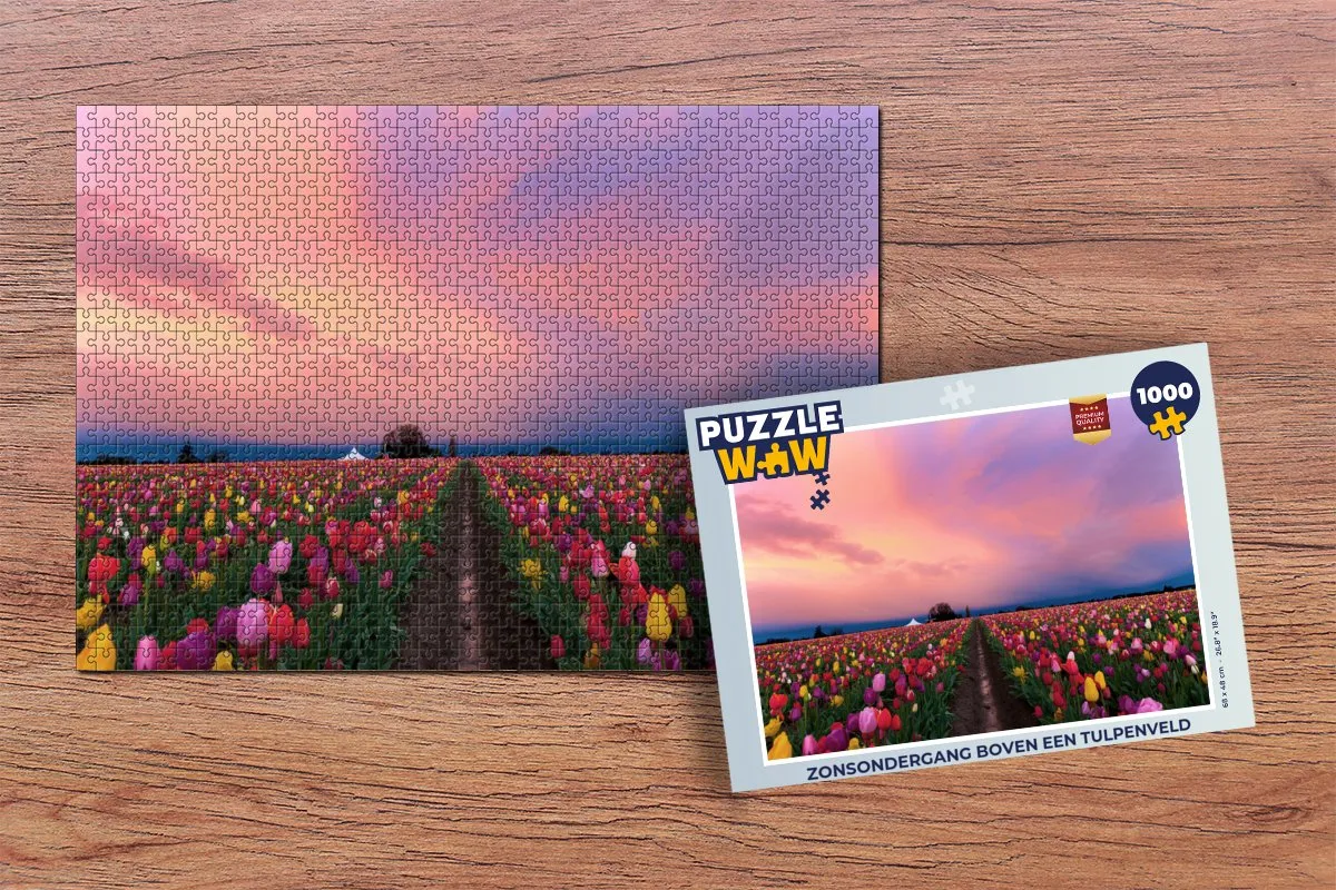 PuzzleWow Legpuzzel Zonsondergang Tulpenveld 1000 Stuks - Multicolor