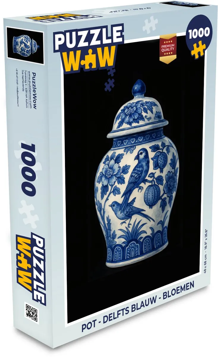 PuzzleWow Delfts Blauw Bloemen & Vogels Puzzel 1000 Stuks
