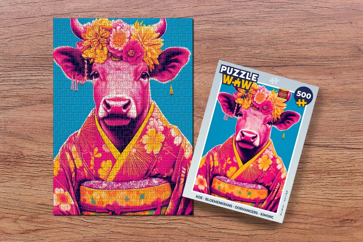 PuzzleWow Koe Bloemenkrans Kimono Puzzel 500 Stuks - MPN 8721375323373