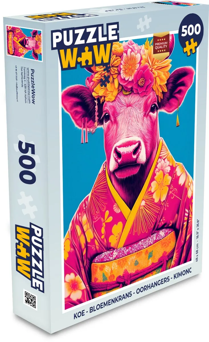 PuzzleWow Koe Bloemenkrans Kimono Puzzel 500 Stuks
