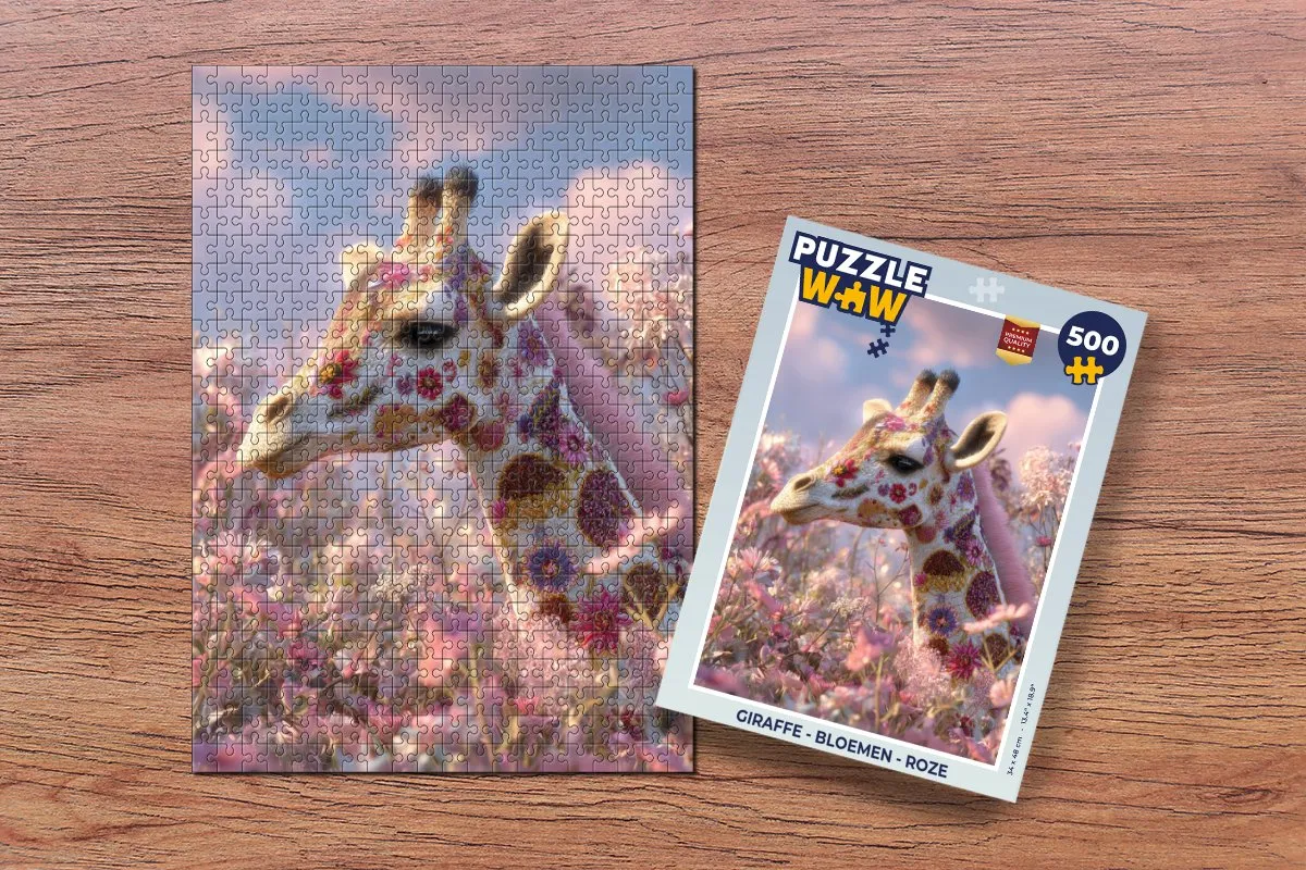PuzzleWow Giraffe Bloemen Legpuzzel 500 Stuks - Roze