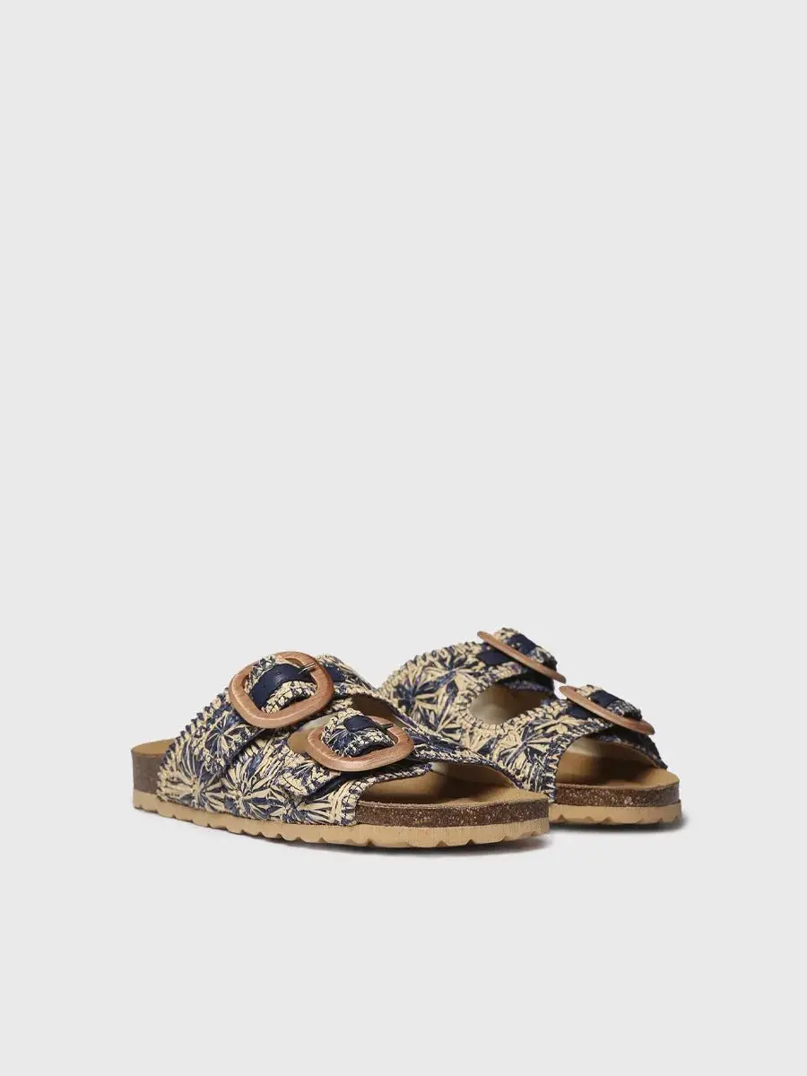 Damessandaal van raffia met bloemenprint