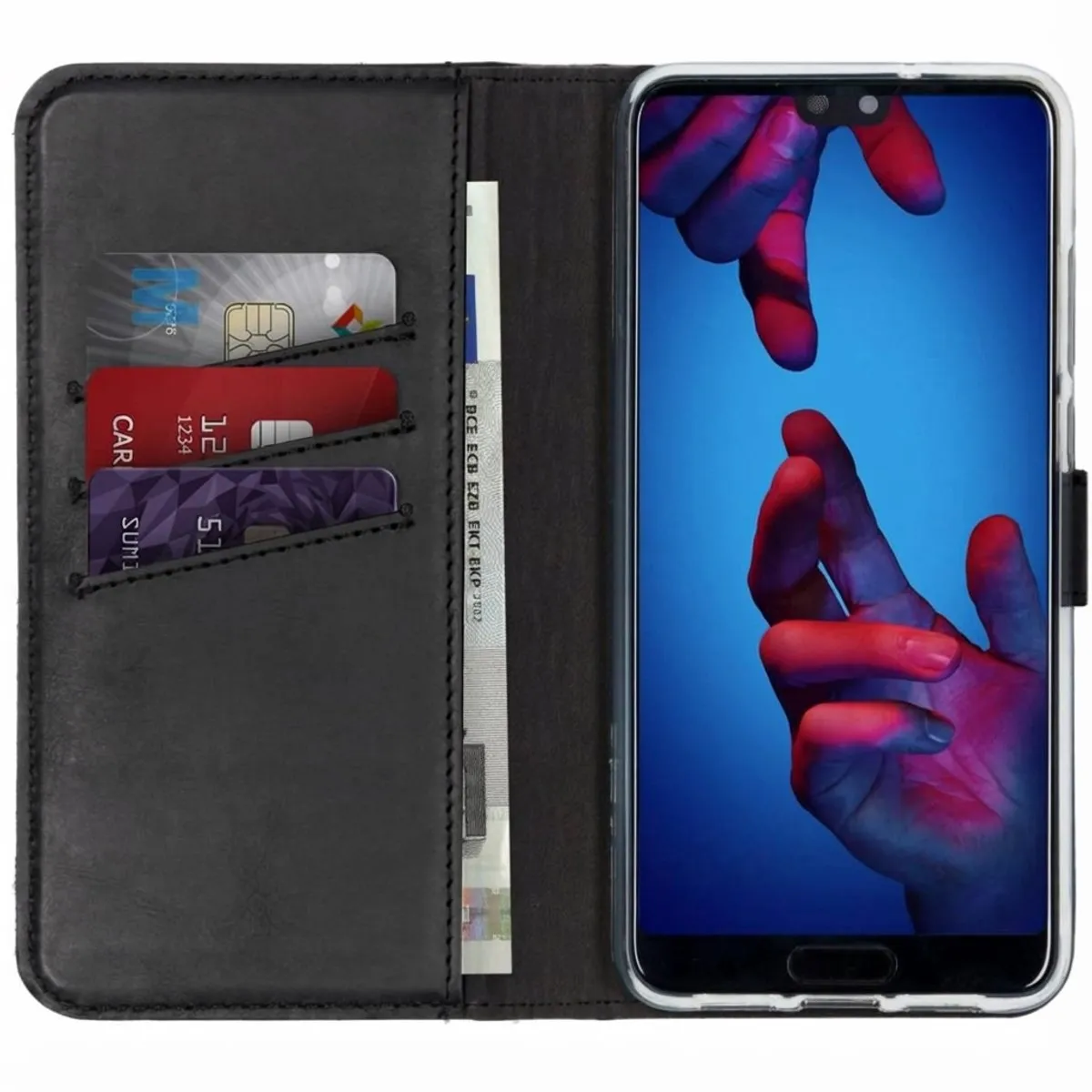 Selencia Hoesje Huawei P20 Echt Lederen Bookcase - 3 Pasjes - Zwart