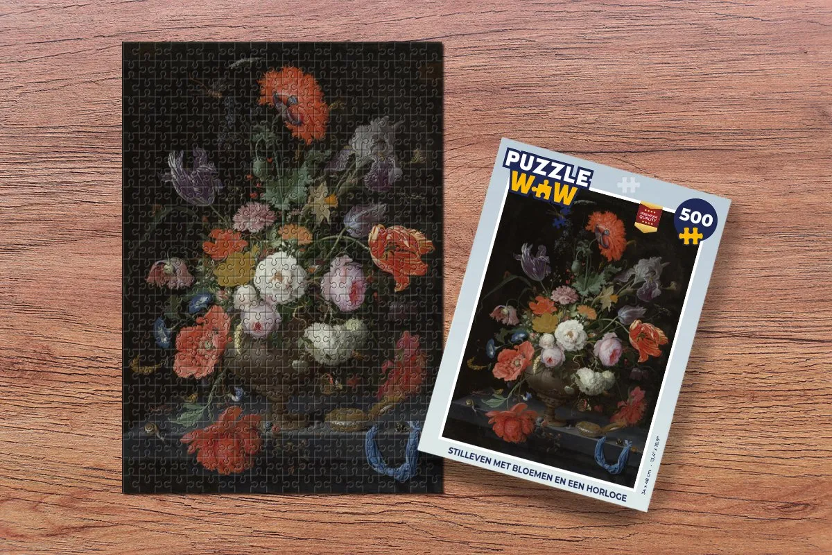 PuzzleWow Stilleven met Bloemen en Horloge Legpuzzel 500 Stuks - Multicolor