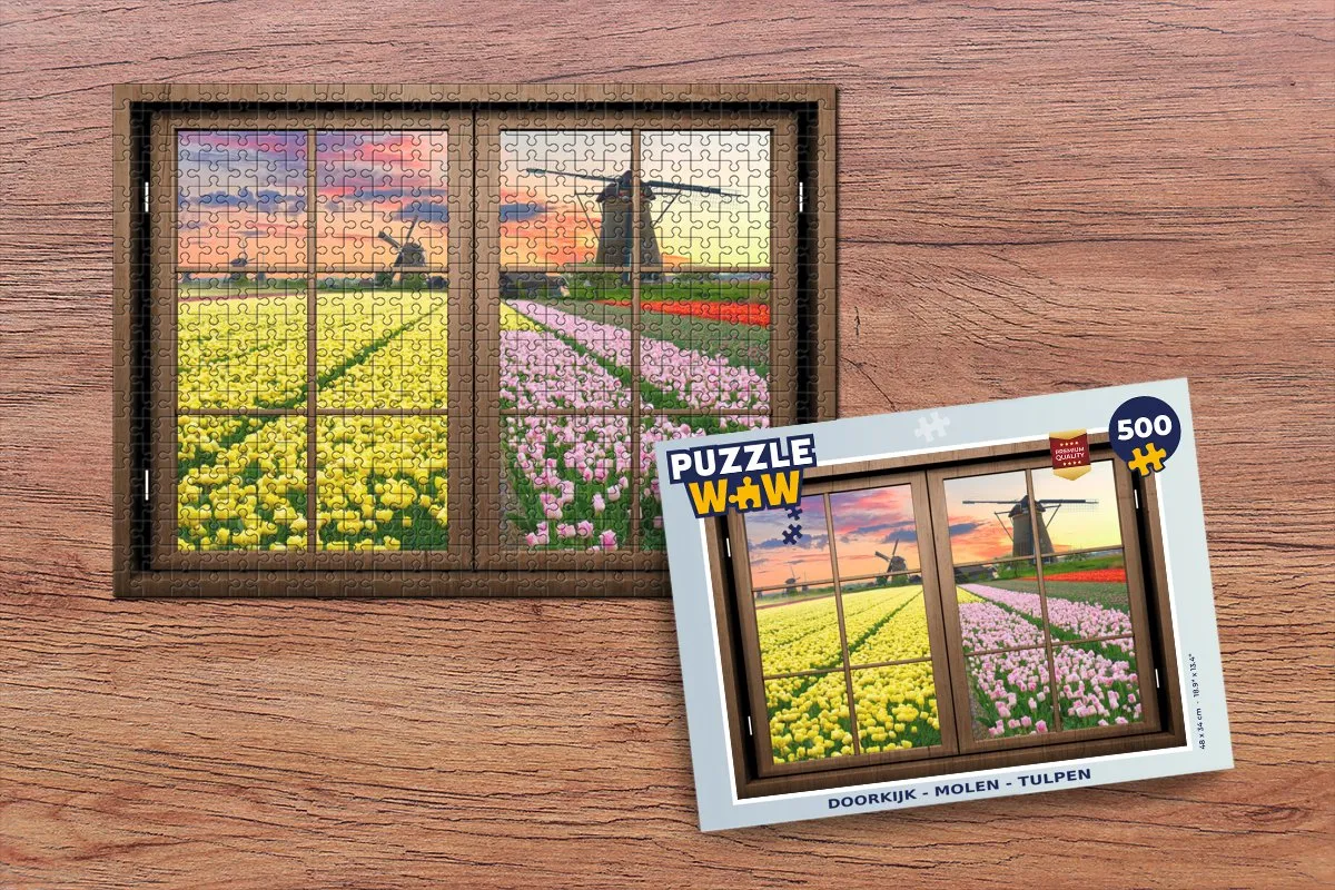 PuzzleWow Doorkijk Molen Tulpen Legpuzzel 500 Stuks - Multicolor