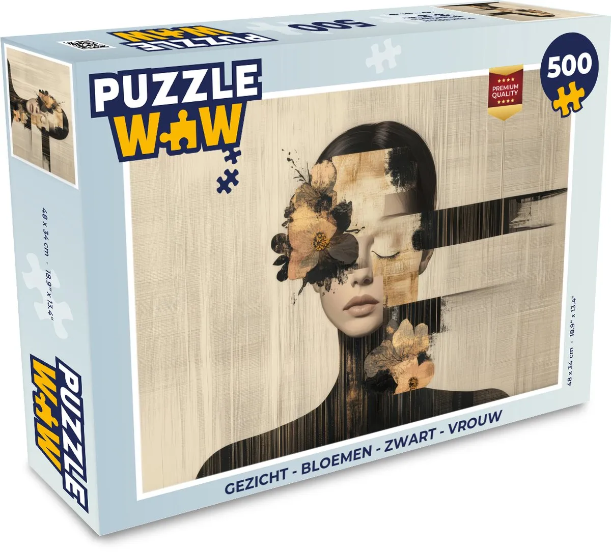 PuzzleWow Gezicht Bloemen Legpuzzel 500 Stuks - Zwart/Goud/Beige