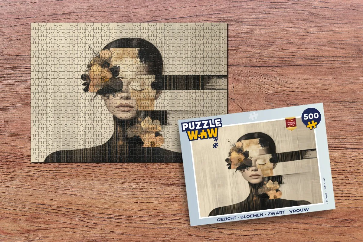 PuzzleWow Gezicht Bloemen Legpuzzel 500 Stuks - Zwart/Goud/Beige