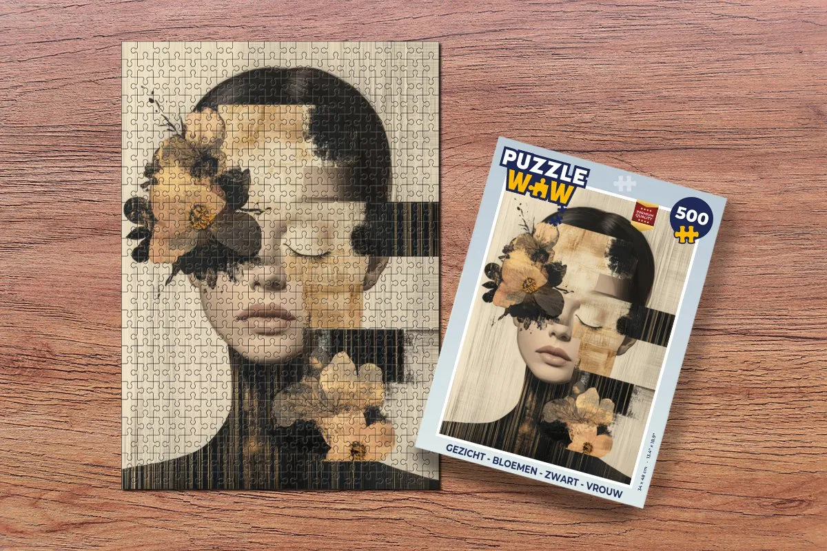 PuzzleWow Gezicht Bloemen Legpuzzel 500 Stuks - Zwart/Goud/Beige