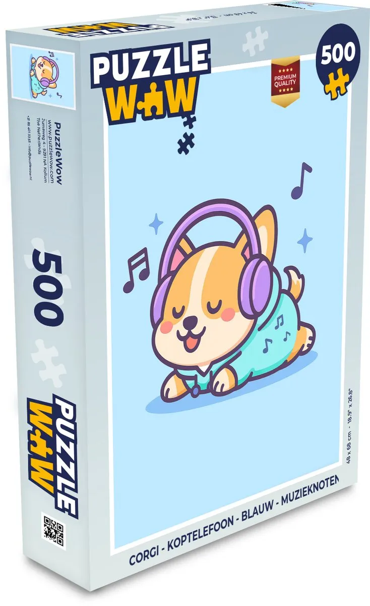 PuzzleWow Corgi Koptelefoon Puzzel 500 Stuks