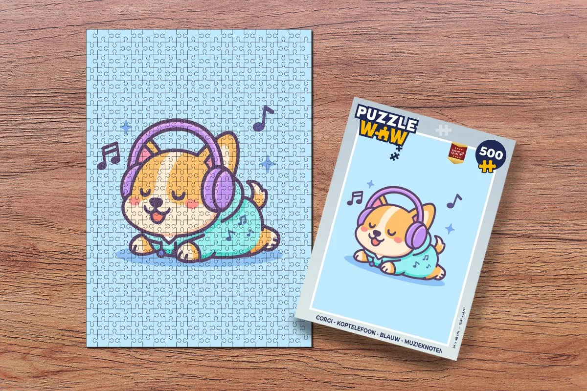 PuzzleWow Corgi Koptelefoon Puzzel 500 Stuks - Blauw