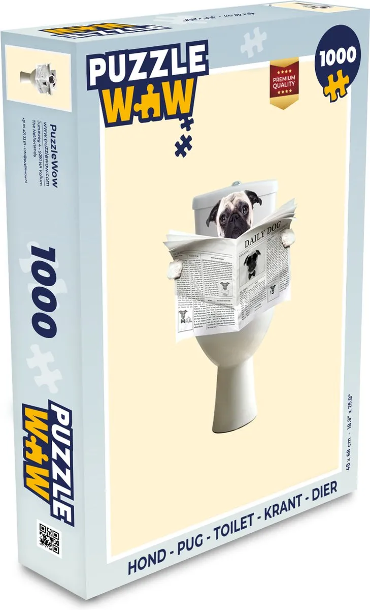 PuzzleWow Pug Toilet Krant Legpuzzel 1000 Stuks - Multicolor