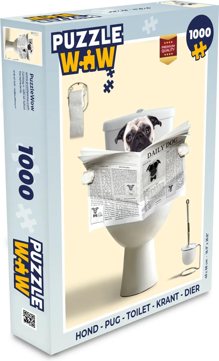 PuzzleWow Pug Toilet Krant Legpuzzel 1000 Stuks - Multicolor