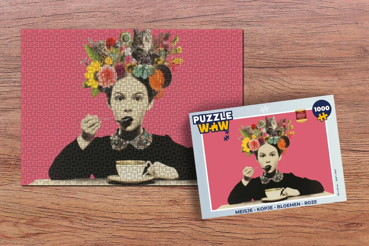 PuzzleWow Meisje Bloemen Kopje Puzzle 1000 Stuks - Roze