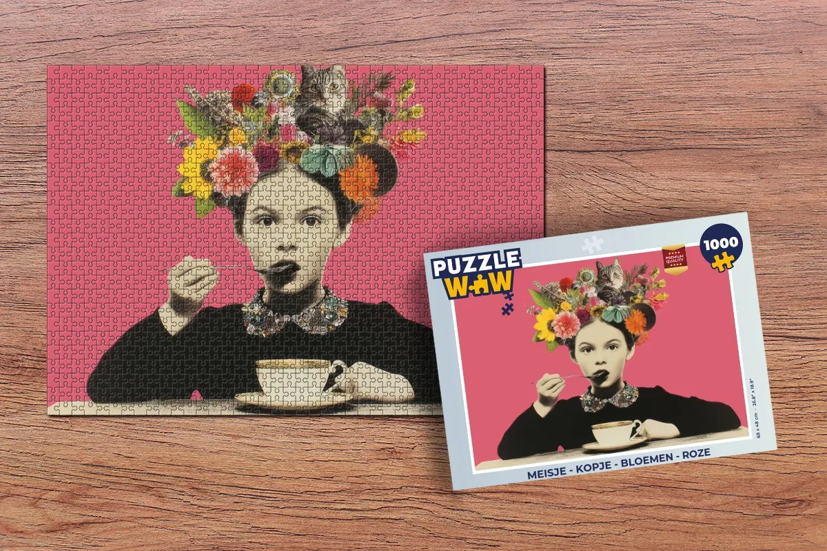 PuzzleWow Meisje Bloemen Kopje Puzzle 1000 Stuks - Roze