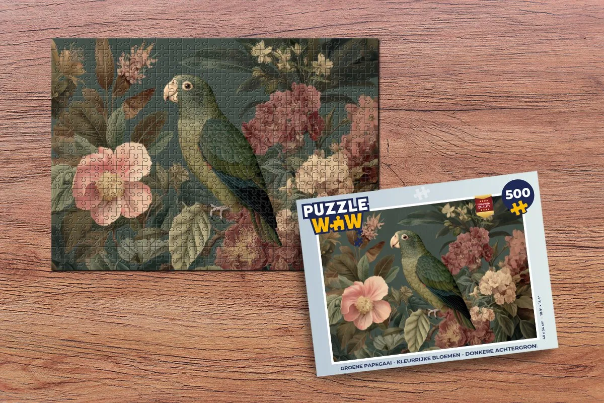 PuzzleWow Legpuzzel Groene papegaai 500 Stuks - Bloemen