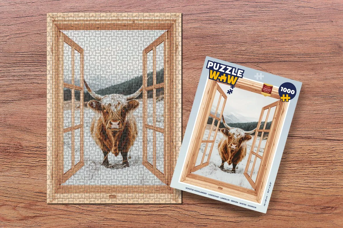 PuzzleWow Schotse Hooglander Legpuzzel 1000 Stuks - Sneeuw