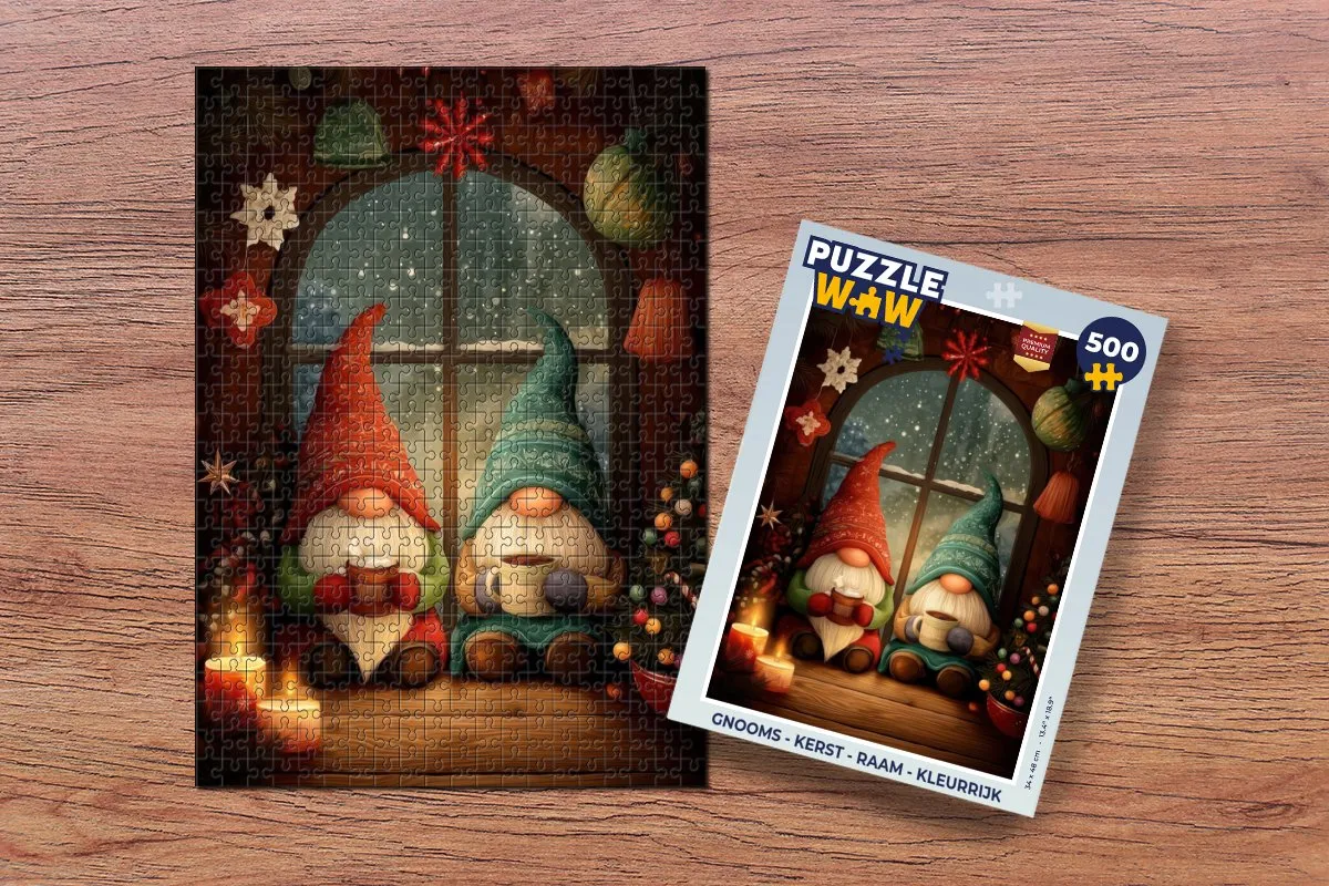PuzzleWow Gnooms Kerst Raam Puzzel 500 Stuks - Kleurrijk