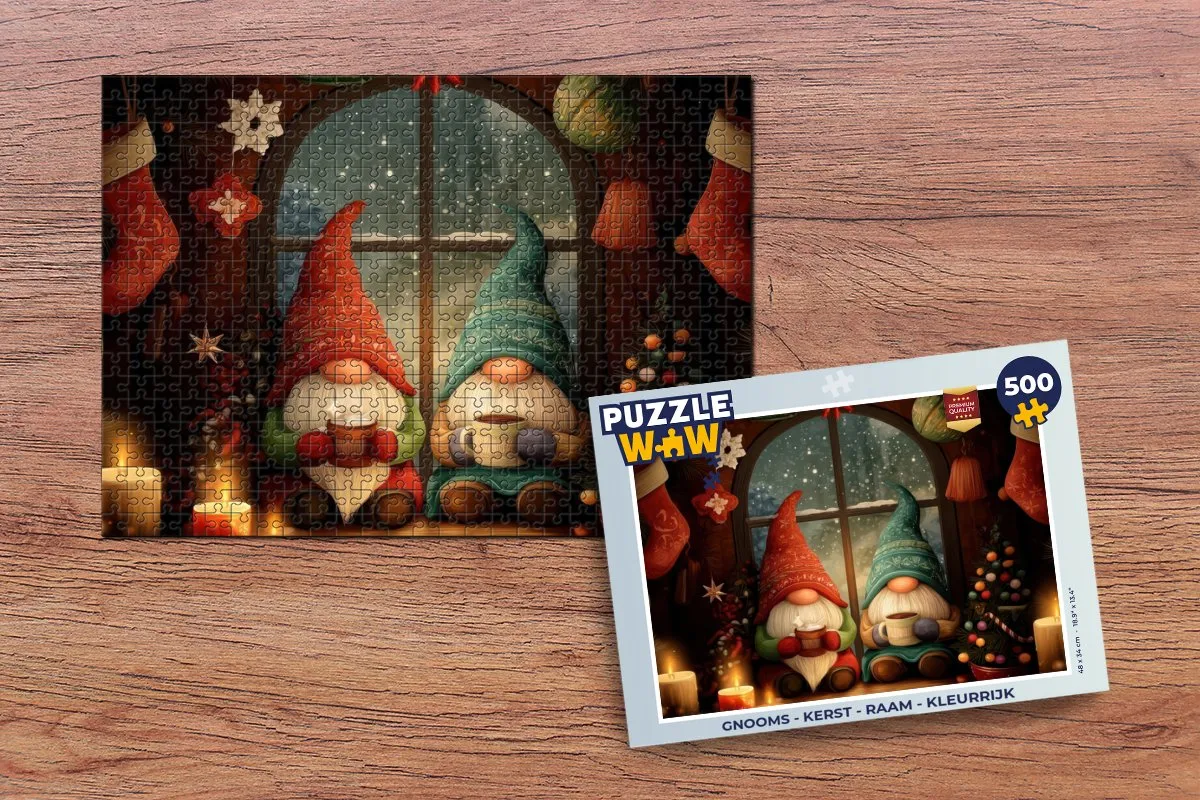 PuzzleWow Gnooms Kerst Raam Puzzel 500 Stuks - Kleurrijk
