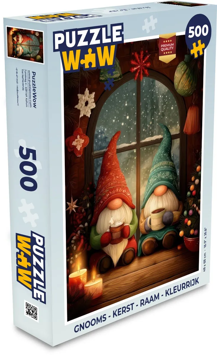PuzzleWow Gnooms Kerst Raam Puzzel 500 Stuks - Kleurrijk