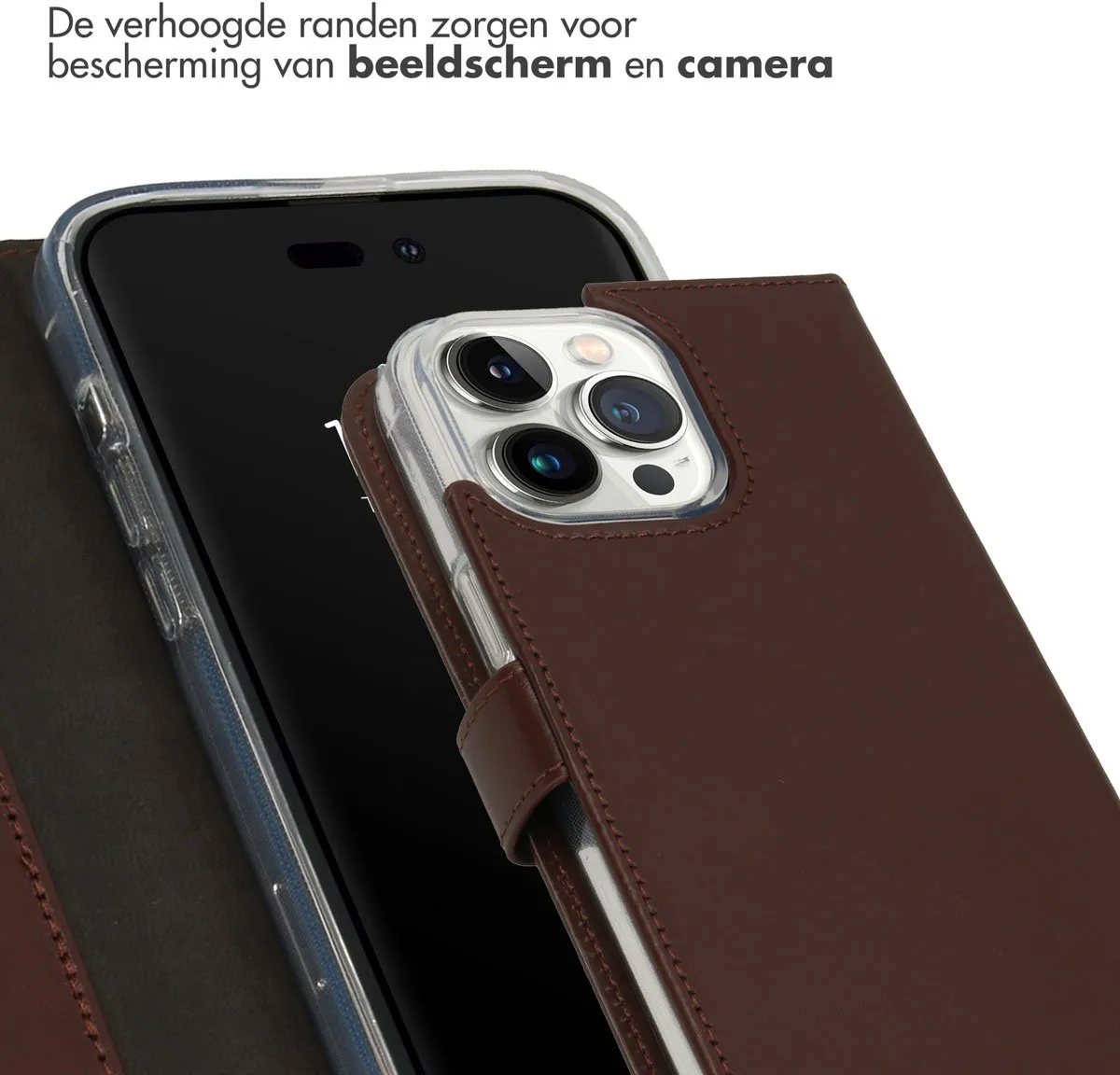 Selencia Hoesje iPhone 14 Pro Max - Echt Lederen Bookcase Bruin
