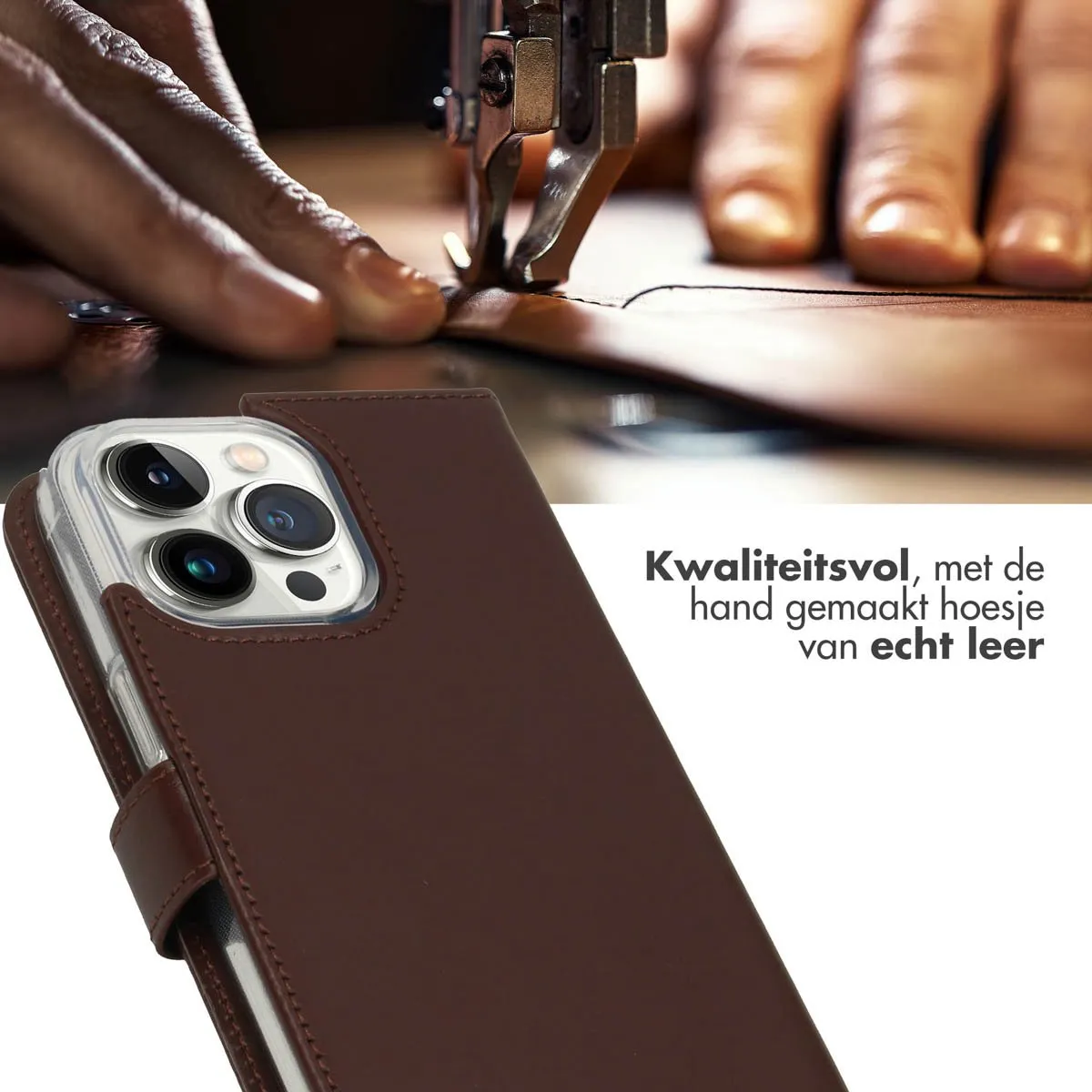 Selencia Hoesje iPhone 14 Pro Max - Echt Lederen Bookcase Bruin