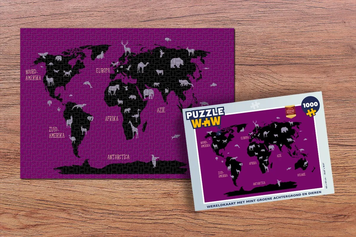 PuzzleWow Wereldkaart Dieren Puzzel 1000 Stuks - Mintgroen