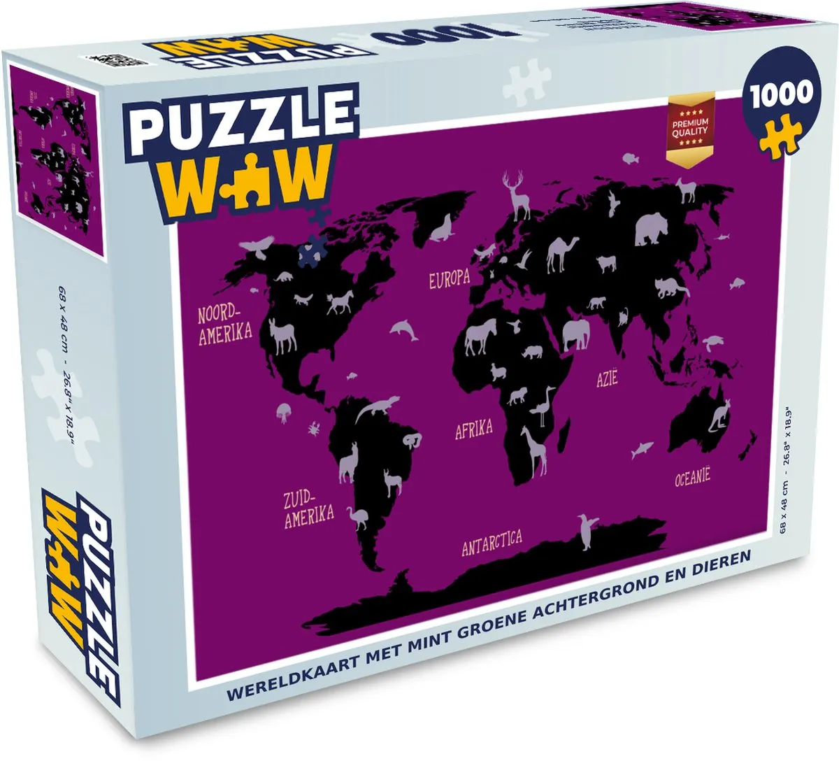 PuzzleWow Wereldkaart Dieren Puzzel 1000 Stuks - Mintgroen