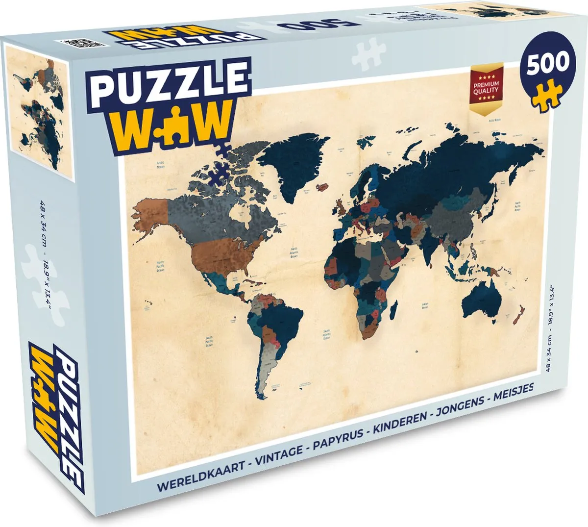PuzzleWow Wereldkaart Vintage Puzzel 500 Stuks - Multicolor