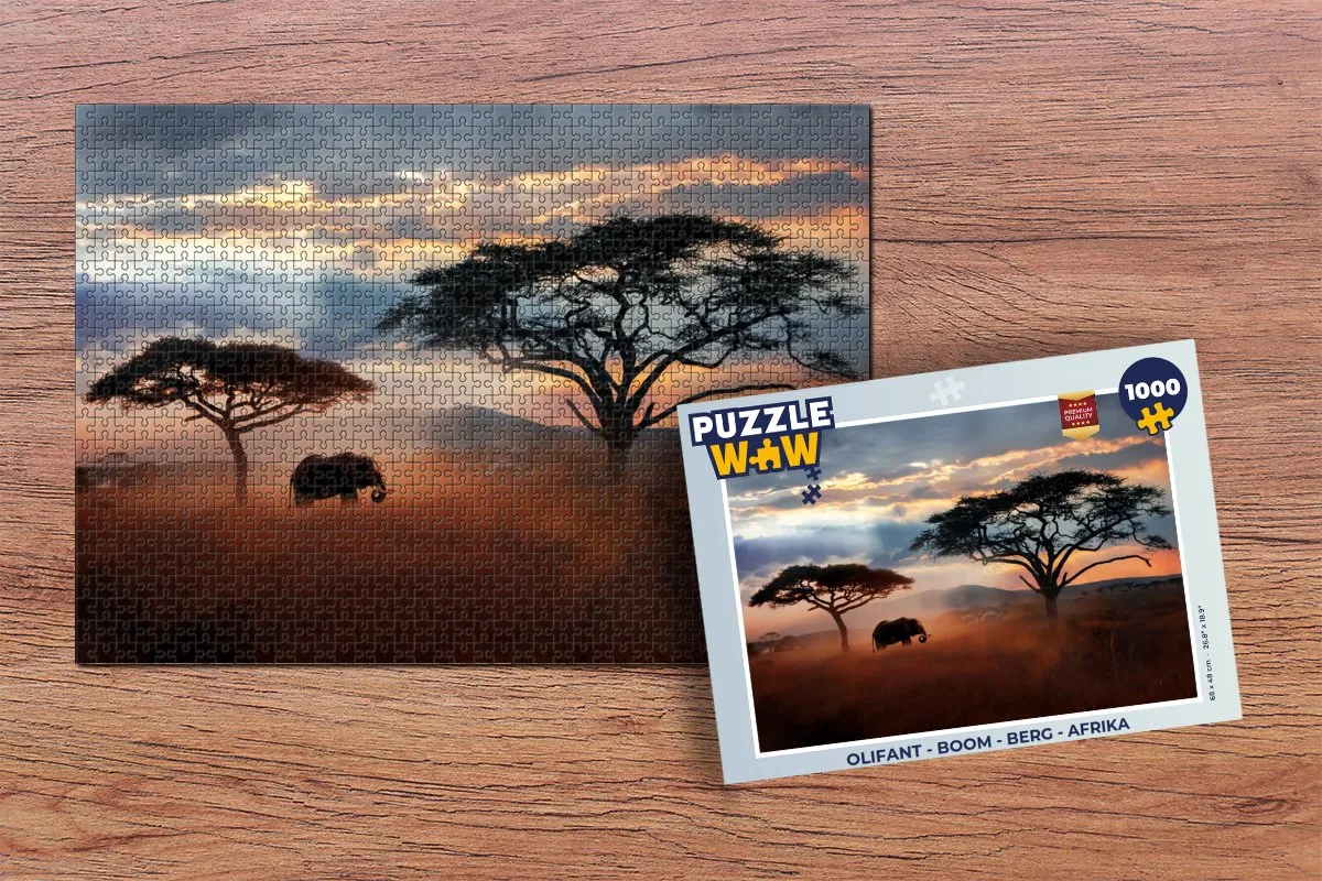 PuzzleWow Legpuzzel 1000 Stuks - Olifant Boom Berg Afrika - Multicolor