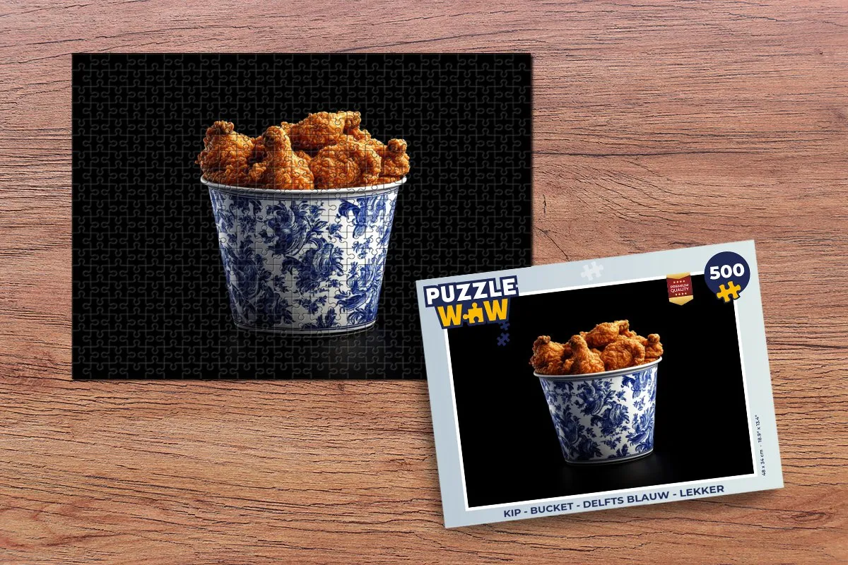 PuzzleWow Kip Bucket Legpuzzel 500 Stuks - Delfts Blauw