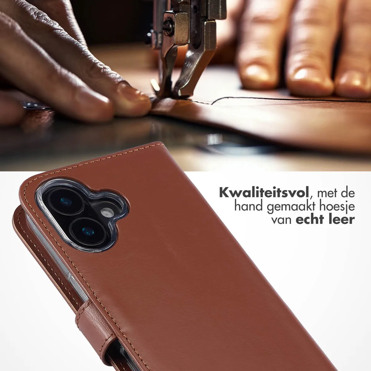 Selencia Hoesje iPhone 16 Echt Lederen Bookcase Lichtbruin - 3 Pasjes