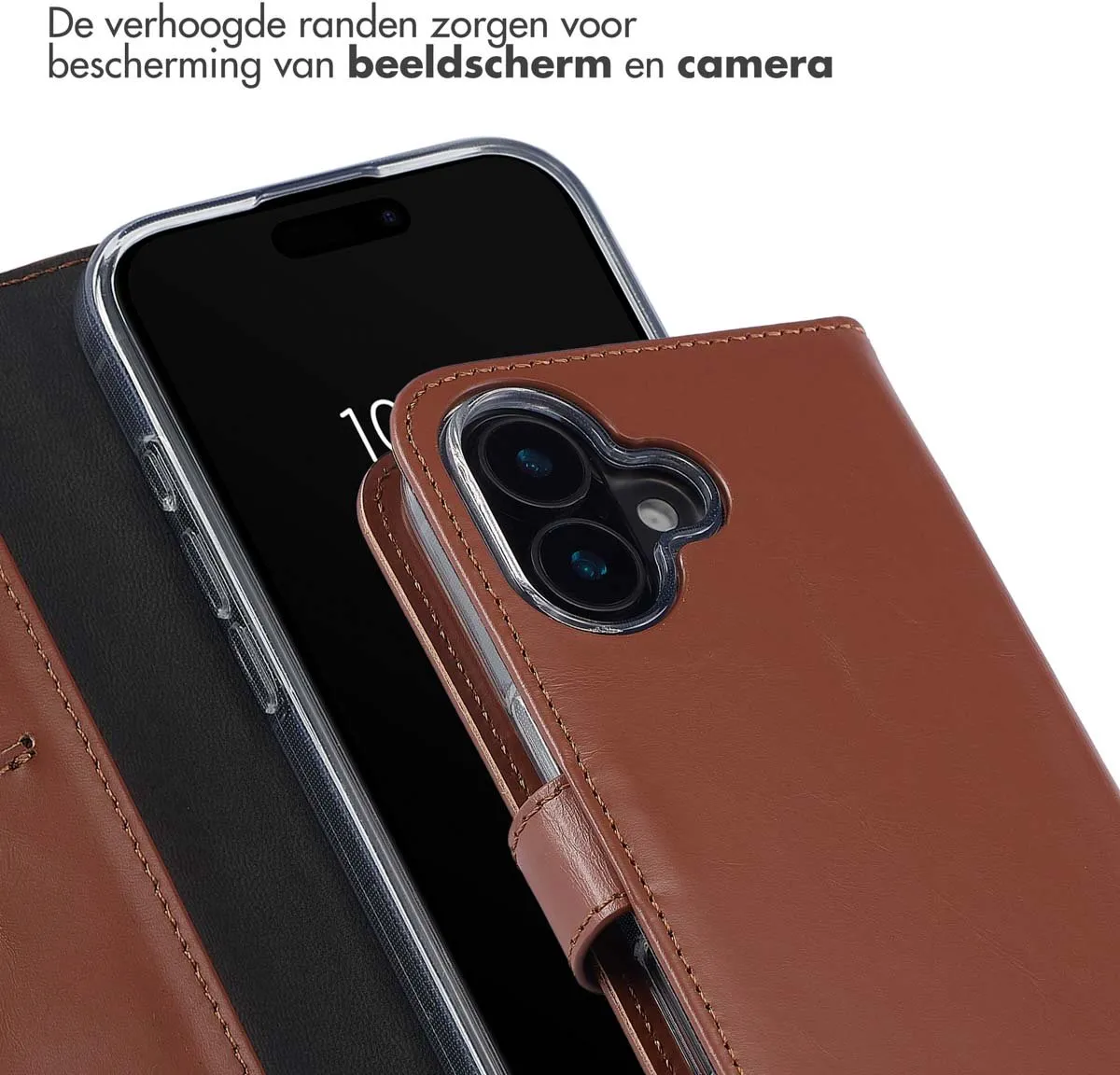 Selencia Hoesje iPhone 16 Echt Lederen Bookcase Lichtbruin - 3 Pasjes