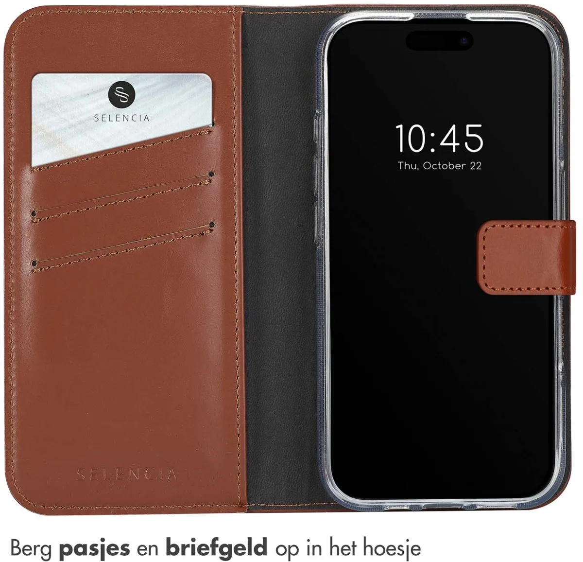 Selencia Hoesje iPhone 16 Echt Lederen Bookcase Lichtbruin - 3 Pasjes