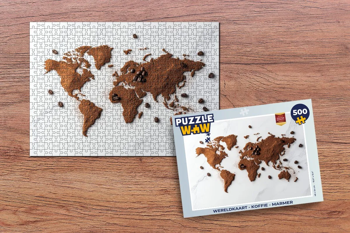 PuzzleWow Wereldkaart Koffie Legpuzzel 500 Stuks - Marmerprint