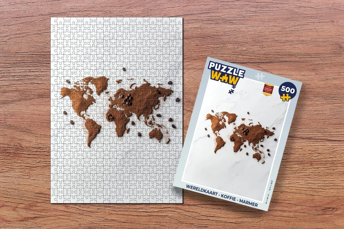 PuzzleWow Wereldkaart Koffie Legpuzzel 500 Stuks - Marmerprint