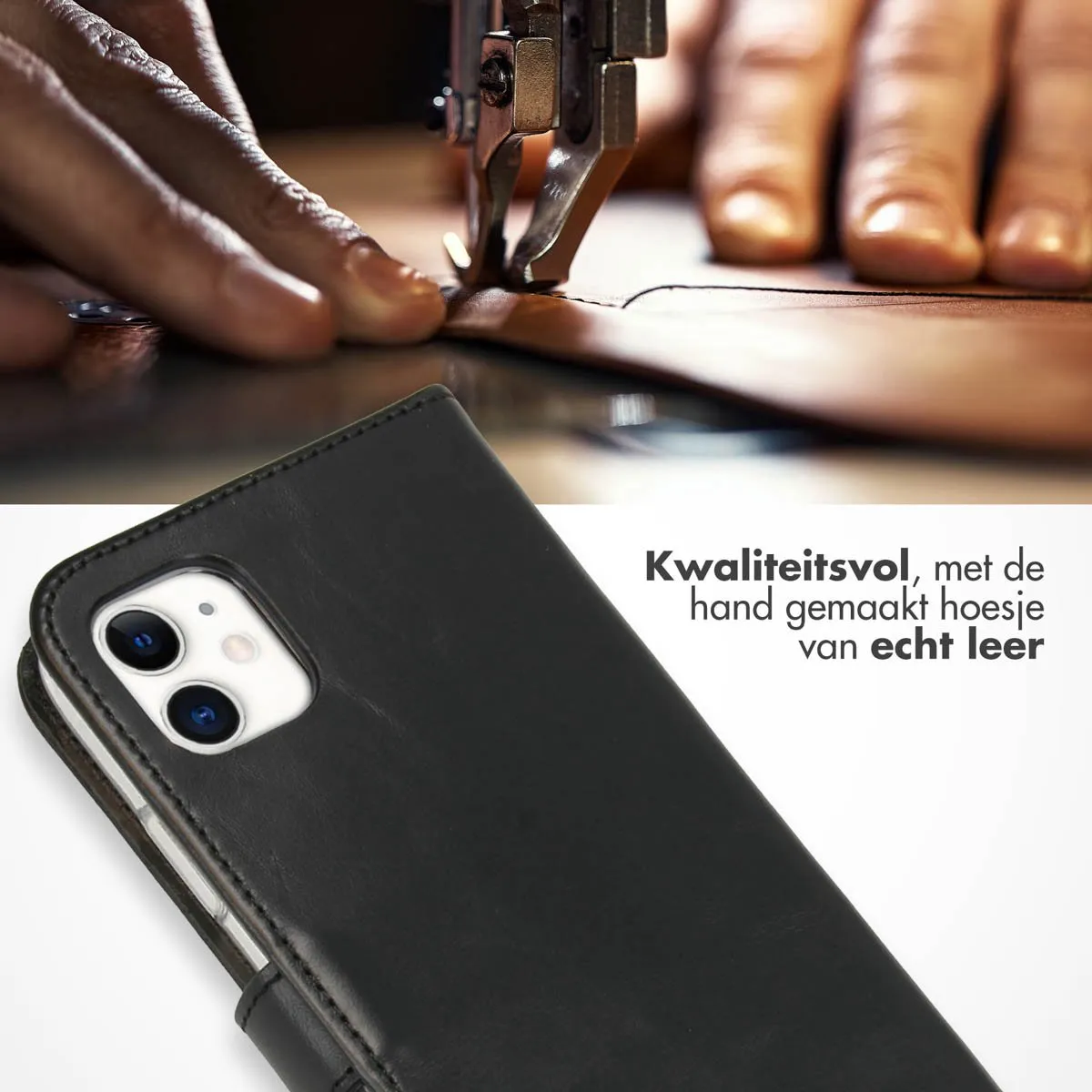 Selencia Hoesje iPhone 11 - Echt Lederen Bookcase 3 Pasjes - Zwart