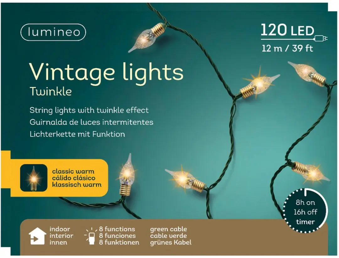 Lumineo Vintage kerstverlichting – 120 led lampjes - 2x - klassiek warm wit – 11,9 meter – kunststof – Lichtsnoer - Sfeerverlichting, kerstlampjes